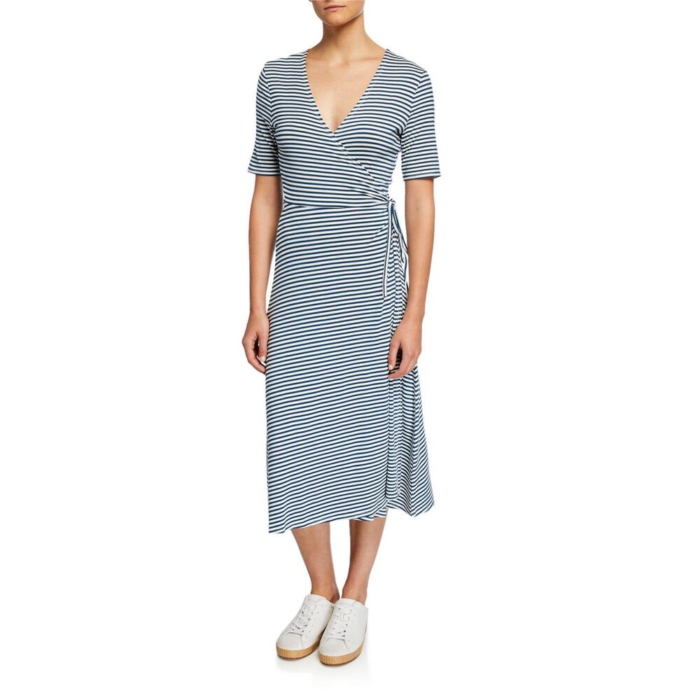 525 America Striped Wrap Midi Dress Navy